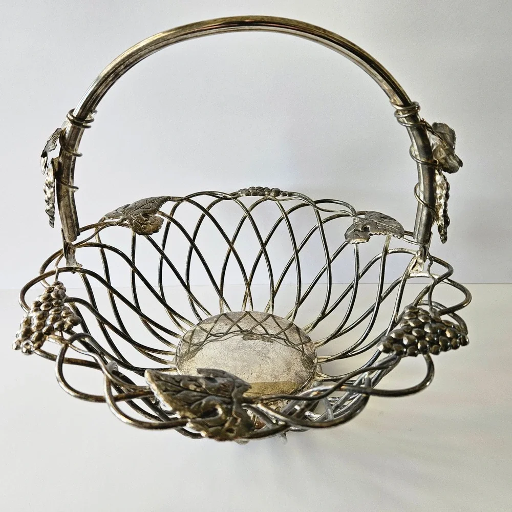 Vtg GODINGER Silver-Plated Wire Grapevine Basket - 12in - Bread Rolls Fruit Leaf
